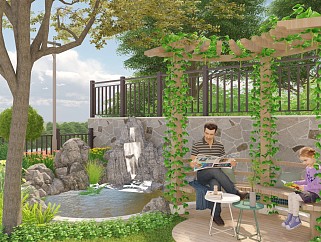 现代花园庭院景观 假山流水 休闲座凳 灯具 花架廊架 阳光草坪